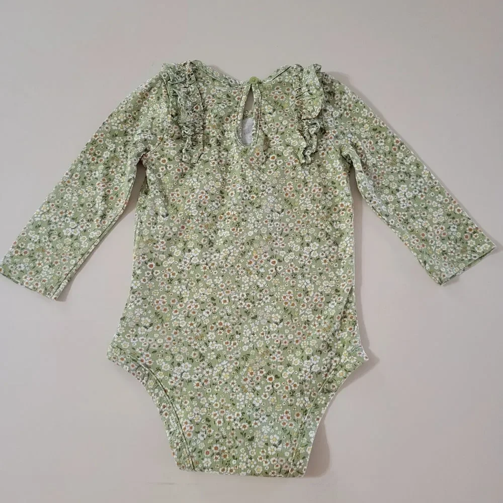 Carter's Green Floral Long Sleeve Ruffled Onesie Baby Outfit